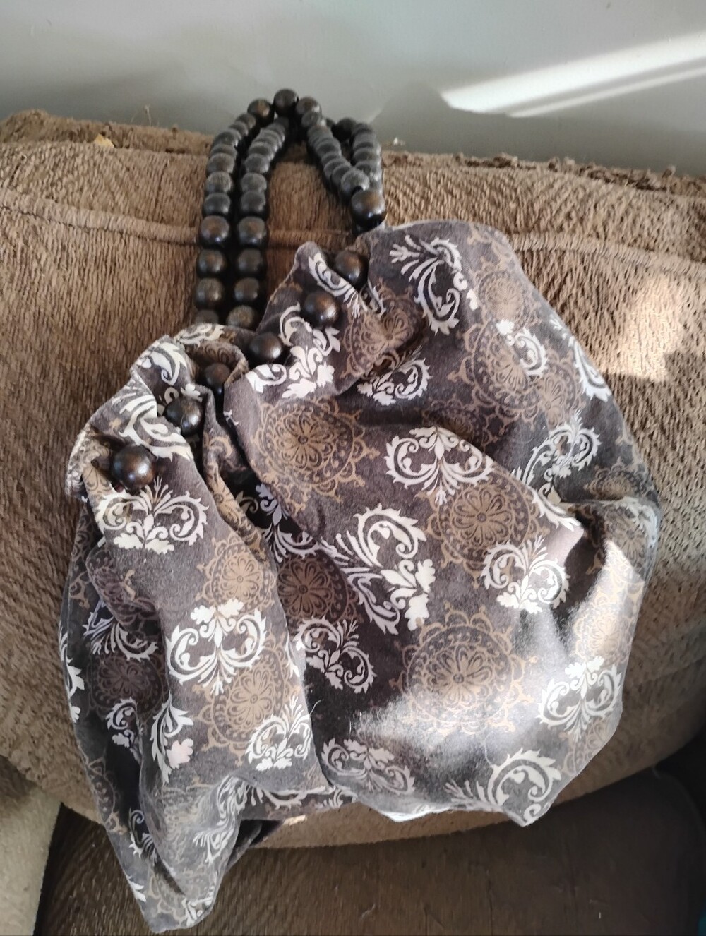 Brown and Cream Patterned Drawstring Tote with Wooden Bead Handles